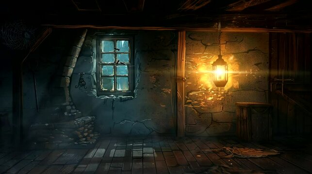 Eerie interior of a haunted house with candle light and cobwebs. Seamless looping time-lapse 4k video animation background