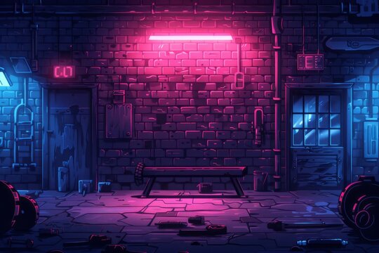 Dark and moody gym interior with neon lighting and exposed brick walls creating a gritty and urban workout environment