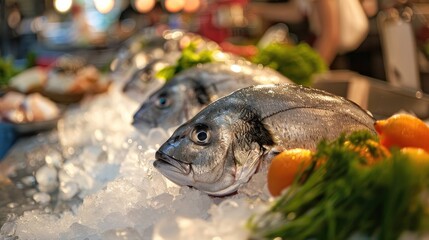 Chilled raw dorado fish displayed on ice