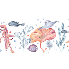 Underwater repeating ornate with sea flora and ocean creatures in watercolor. Tropical bright ocean world seamless border with ray fishes and seaweeds hand drawn in blue and pink tones. Marine design © Ekaterina Lanbina