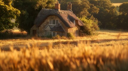 Charming cottage in a sunny wheat field, perfect for a peaceful getaway or countryside retreat. Serene rural scene with golden light and lush greenery.