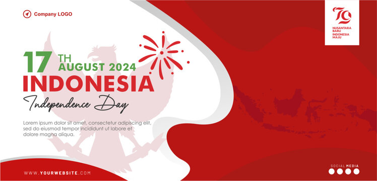 Red White 79th Indonesia independence day 2024 celebration banner with 79 logo, pancasila, and indonesian map illustration. Dirgahayu Indonesia 79 August 2024 background. 
