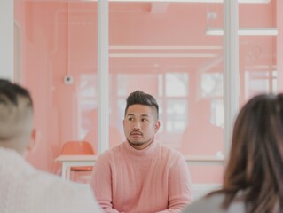 Fototapeta premium East Asian Man Leading Diverse Team in Strategy Meeting at Bright Modern Office