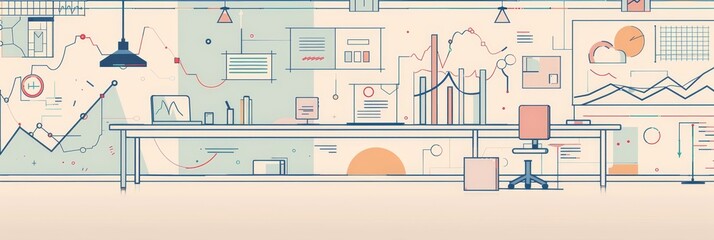 Data Visualization, Analytics, and Business Strategy: A Modern Office Workspace - An illustration depicting a modern office workspace with a desk, computer, charts, and data visualization. It represen