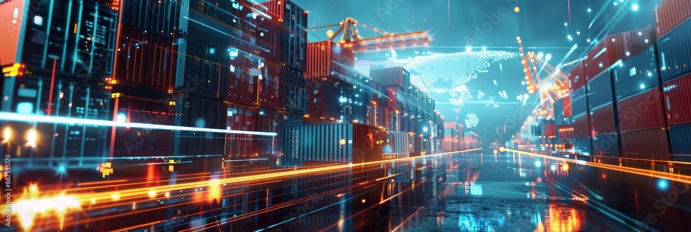 Poster digitalized shipping containers - a futuristic illustration of shipping containers illuminated with 