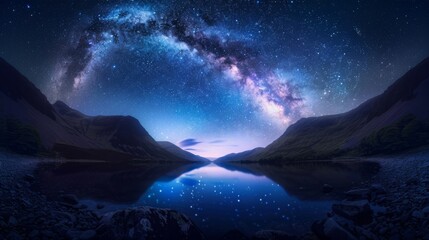 Naklejka premium Stunning night sky over calm lake with mountains. Milky Way arch reflecting on water, creating symmetrical, dreamlike scenery. Perfect for nature lovers.