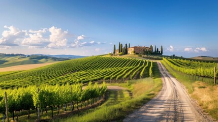 Scenic countryside view of a vineyard with a dirt road leading to a distant house. Beautiful landscape under a blue sky with white clouds.