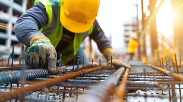 Construction worker meticulously securing steel rebar frames at an industrial building site, dressed in a vivid yellow safety helmet and a prominent green vest, with the backdrop revealing the