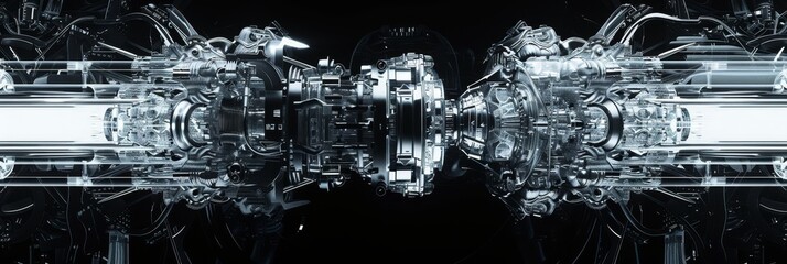 Fototapeta premium Futuristic Machine, Engine, Technology - A 3D illustration of a futuristic machine with a complex design, showcasing advanced technology and mechanical engineering.