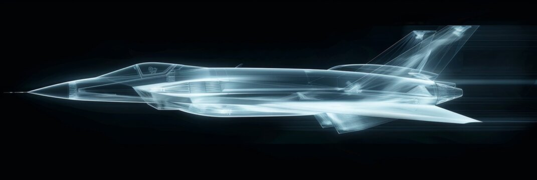 Futuristic Jet Fighter in Flight - A transparent jet fighter in flight with a futuristic design, showcasing the intricate details of the aircraft against a dark background.