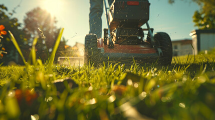 People cutting green grass with a lawnmower machine cutting grass outdoors in his backyard on a sunny summer afternoon, man doing house maintenance work and gardening