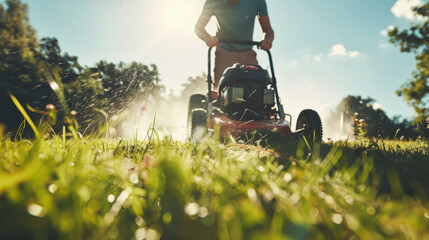 People cutting green grass with a lawnmower machine cutting grass outdoors in his backyard on a sunny summer afternoon, man doing house maintenance work and gardening