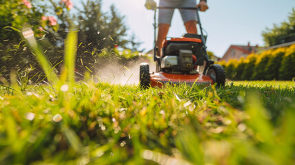 People cutting green grass with a lawnmower machine cutting grass outdoors in his backyard on a sunny summer afternoon, man doing house maintenance work and gardening