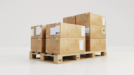An ideal stack of average cardboard containers with unbranded tags on a standard shipping and storing wooden platform on a solitary white backdrop - digital depiction.