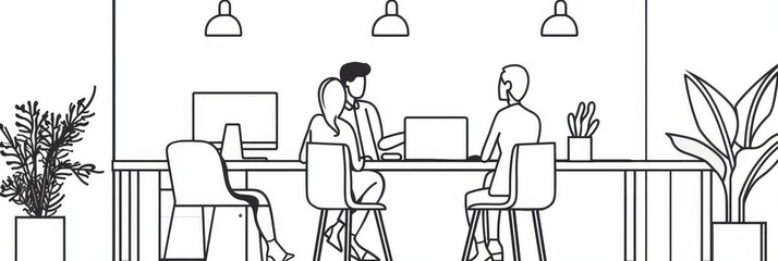 Office Meeting Illustration - A line art illustration of a meeting in an office setting. Three people are sitting around a table, with a computer, laptop, and plants in the background. The image repre