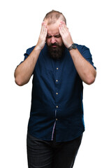 Fototapeta premium Young caucasian hipster man over isolated background with hand on head for pain in head because stress. Suffering migraine.