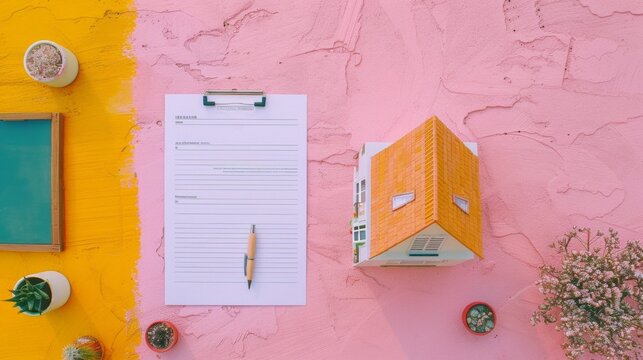 Simple Home Investment Concept Contract, Pen, and House Model on White Table Against Pink Wall
