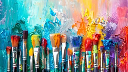 Colorful paint brush splashes on canvas.&nbsp;Row of artist paintbrushes closeup on artistic canvas