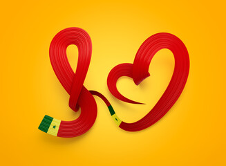 Obraz premium Flag Of Senegal Heart Shape Wavy Awareness Ribbon Flag On Yellow Background 3d Illustration