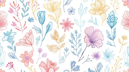 A seamless floral patterns, hand-drawn, pastel colors on a white background