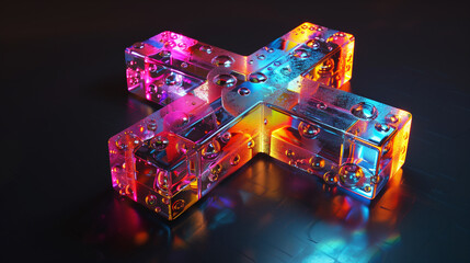 3D render of a cinema icon made of glass, on a black background, with iridescent colors, bubbles inside the cross, isometric view, studio lighting, octane rendering software, high resolution photograp