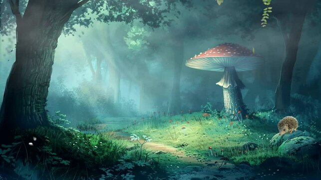Mystical forest scene with a giant mushroom and a hedgehog. Seamless looping time-lapse 4k video animation background