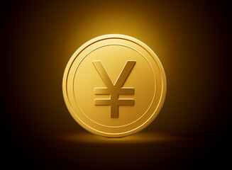 Golden Shiny Rounded Japanese Yen Coin On Shiny Golden Glow Background 3d Illustration