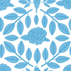 Damask rose tile seamless pattern. Blue French roses allover illustration. Hand drawn textured flowers and leaves on white background. Floral motifs raster ikat backdrop