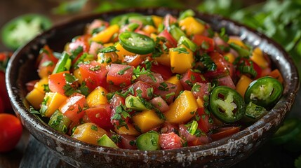 Fresh, colorful tomato and mango salsa with jalapenos in a rustic bowl, perfect for a healthy and vibrant party appetizer.