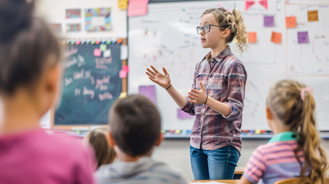 A teacher is standing in front of a classroom of students. The students are sitting at their desks, and the teacher is giving a presentation. Scene is educational and informative