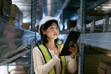 Fototapeta premium Warehouse Supervisor in safety suite using digital tablets to check the stock inventory on shelves in large warehouses, a Smart warehouse management system, logistic network technology concept.