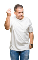 Middle age arab man wearig white t-shirt over isolated background Doing Italian gesture with hand and fingers confident expression