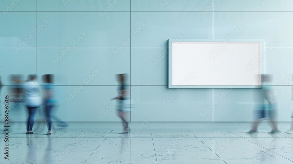 Poster serene indoor scene with motion-blurred passersby and empty mockup frame on a soft white wall in a m