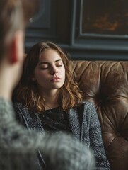 Fototapeta premium Psychotherapist uses hypnosis to heal woman's mental health issues stemming from a challenging upbringing, as she lays on a couch with closed eyes and enters into a trance-like state.