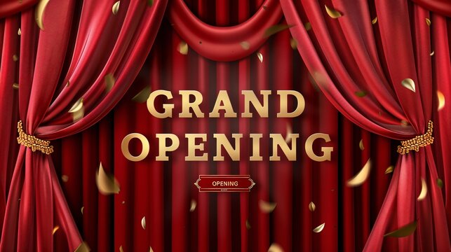 Authentic invitation banner with red drapes, gilt accents, and customizable 3D font for GRAND OPENING.