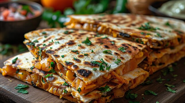Delicious Mexican dish of quesadillas filled with squash blossoms.