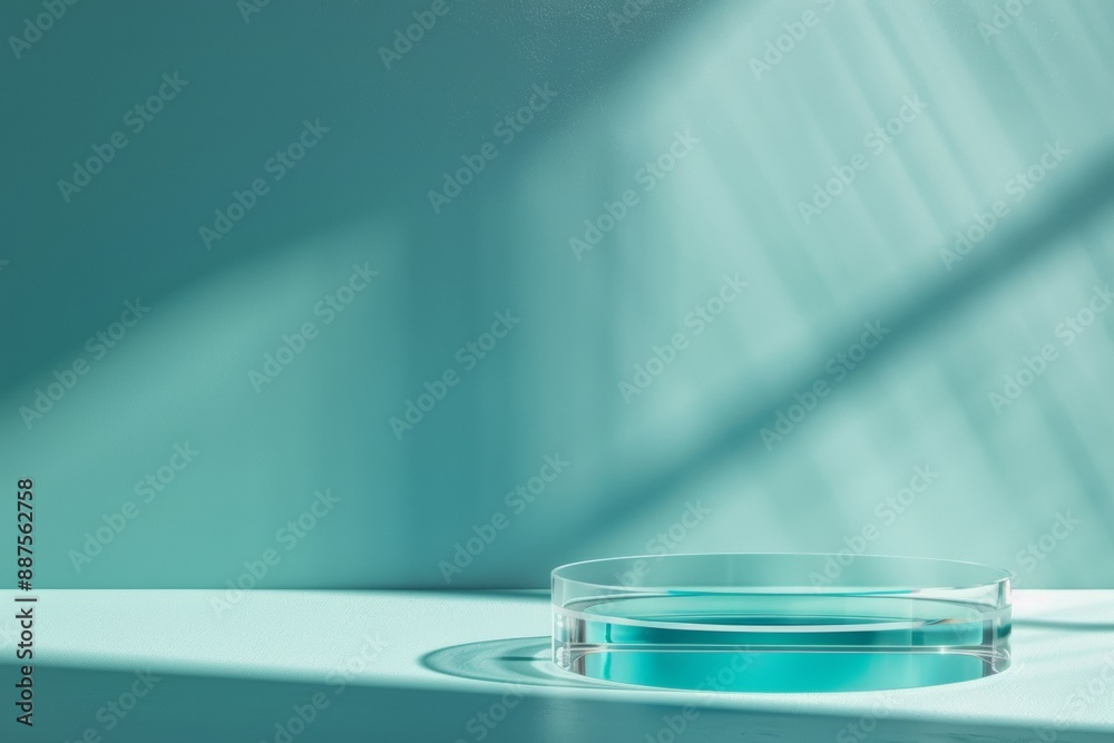 Poster elegant minimalist mockup with textured glass podium against vibrant blue background, soft shadows a