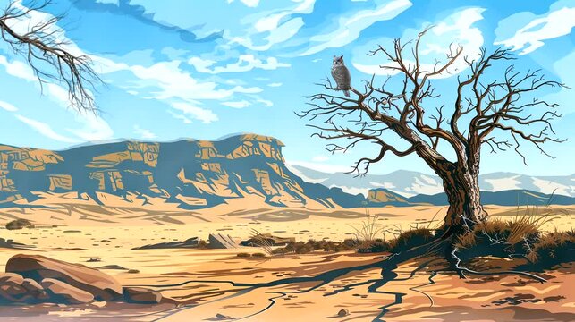 Barren Desert Landscape with Owl Perched on Tree. Seamless looping time-lapse 4k video animation background