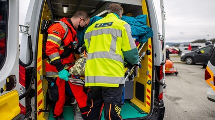 19. A paramedic rushing a patient on a stretcher into an ambulance