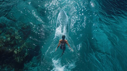 18. A surfer paddling out to catch a wave, determination in their eyes