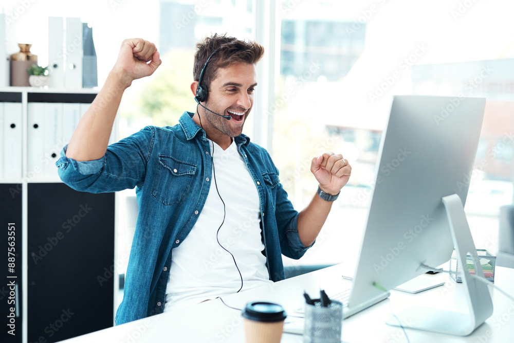 Poster Desk, winner and man with headset, computer and success of consultation in agency and customer service. Celebration, bonus and cheering for sale target in telemarketing and person in call center