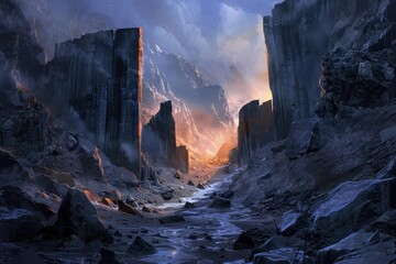 Mystical mountain valley landscape with river and towering rock formations