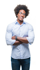 Afro american business man wearing glasses over isolated background happy face smiling with crossed arms looking at the camera. Positive person.