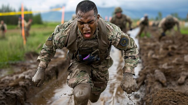 32. A soldier running through an obstacle course with determination