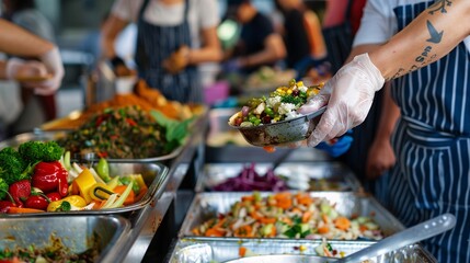 35. A volunteer handing out food at a busy soup kitchen