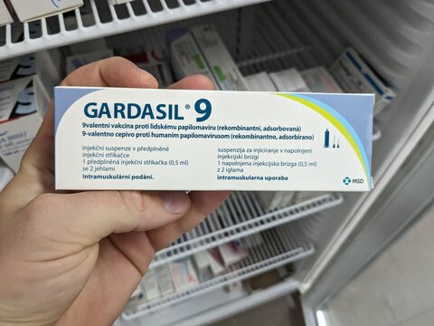 Prague, Czech Republic - July 10 2024: GARDASIL box of vaccine with HUMAN PAPILLOMAVIRUS active substance by MERCK, used for prevention of HPV infections and cervical cancer.

