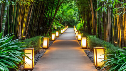 Stone walkway lies undisturbed, surrounded by towering bamboo