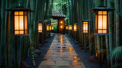 Fototapeta premium Stone path cuts through an area lined with graceful bamboo