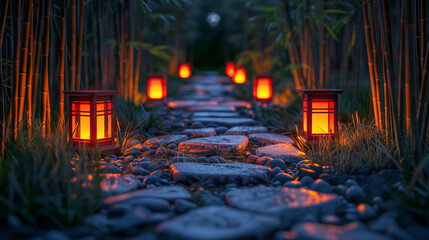 Empty stone walkway flanked by lush bamboo plants, forming a serene and calming natural border