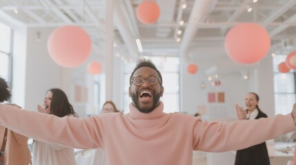 Obraz premium Celebrating Milestone - Diverse Team Enjoying Success in Bright Office Environment